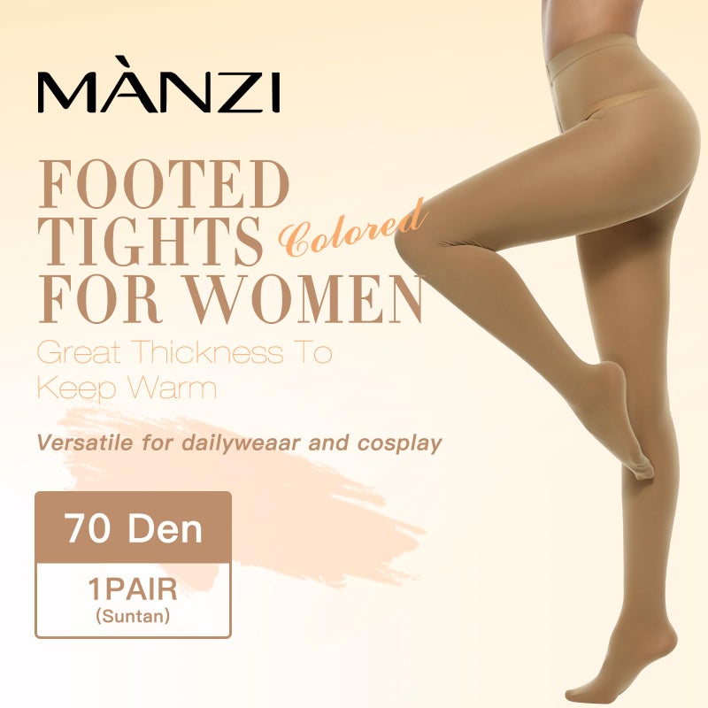 MANZI Women's Solid Color Semi Opaque Footed Tights Soft Stretch Pantyhose Suntan Medium-Large - Image 2